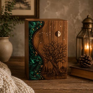 May include: A rectangular wooden urn featuring a dark walnut finish with a vertical, wavy inlay of shimmering emerald green resin flecked with gold. The wood surface displays a laser-engraved tree, a crescent moon, and a star constellation.