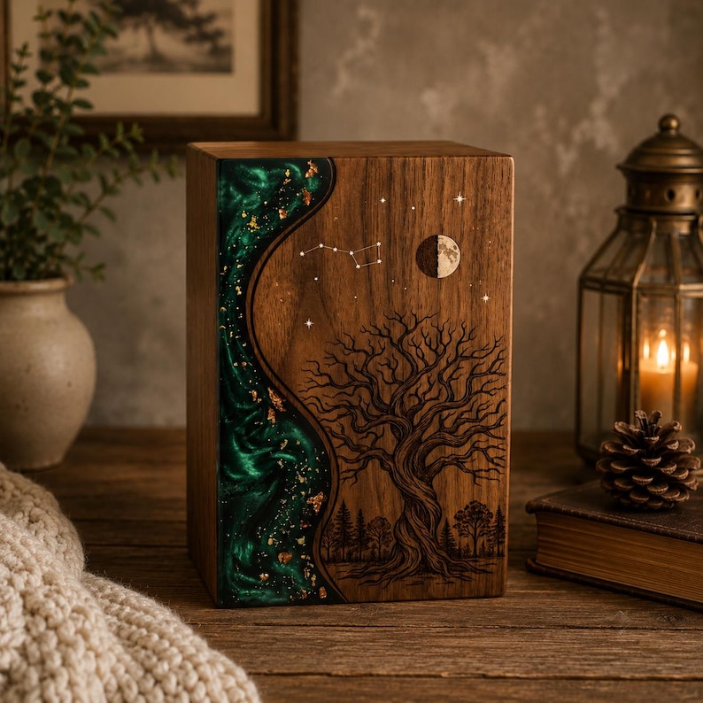 May include: A rectangular wooden urn featuring a dark walnut finish with a vertical, wavy inlay of shimmering emerald green resin flecked with gold. The wood surface displays a laser-engraved tree, a crescent moon, and a star constellation.