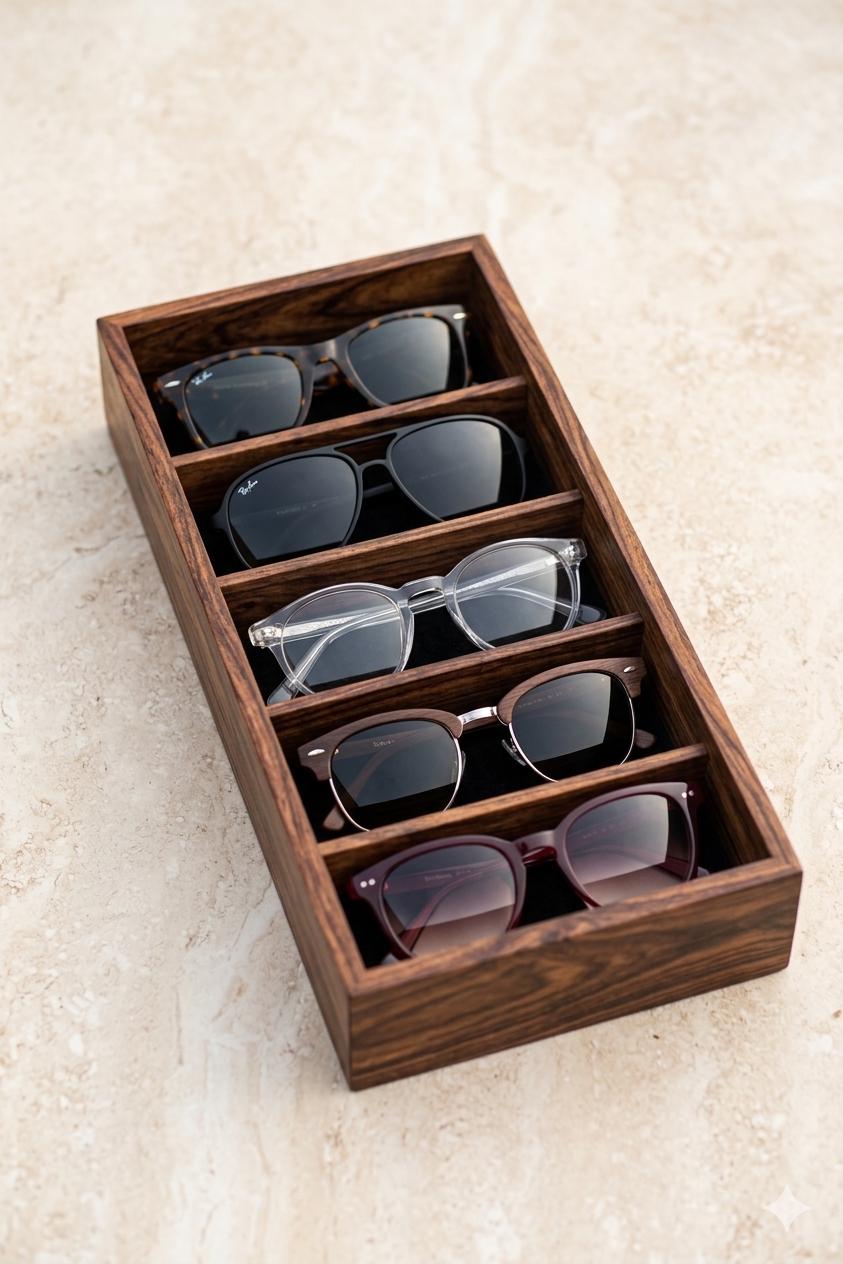 Wooden Sunglasses Box,Wood Sunglasses Organizer 5 Slot Eyewear Display, Velvet Lined
