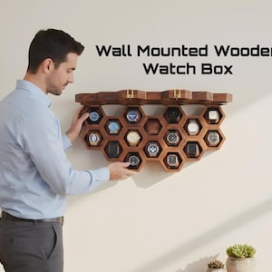 May include: A wall-mounted wooden watch box in a honeycomb design. The dark brown box holds multiple watches, displayed in individual hexagonal compartments. The text "Wall Mounted Wooden Watch Box" is above the box.