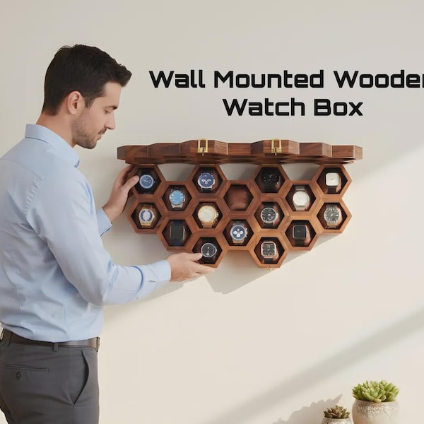Rosewood Honeycomb Watch Box Organizer, Wall Mounted Display Case