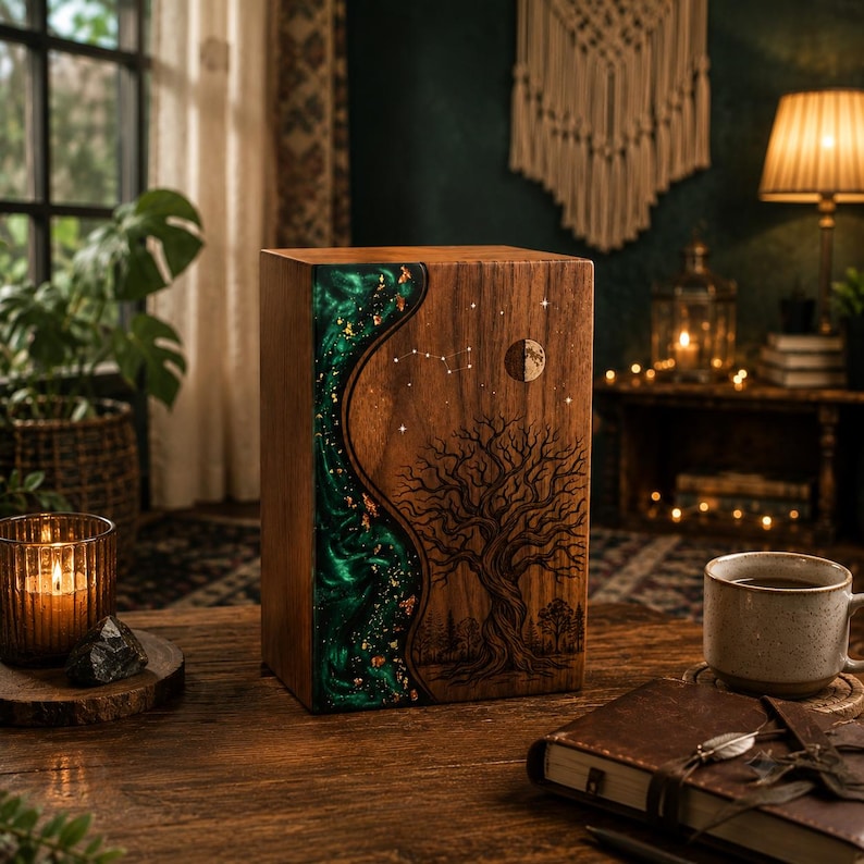 May include: A rectangular wooden urn featuring a vertical strip of swirling emerald green resin with gold leaf accents. The wood surface is engraved with a detailed tree, a crescent moon, and a constellation of stars against a natural grain.
