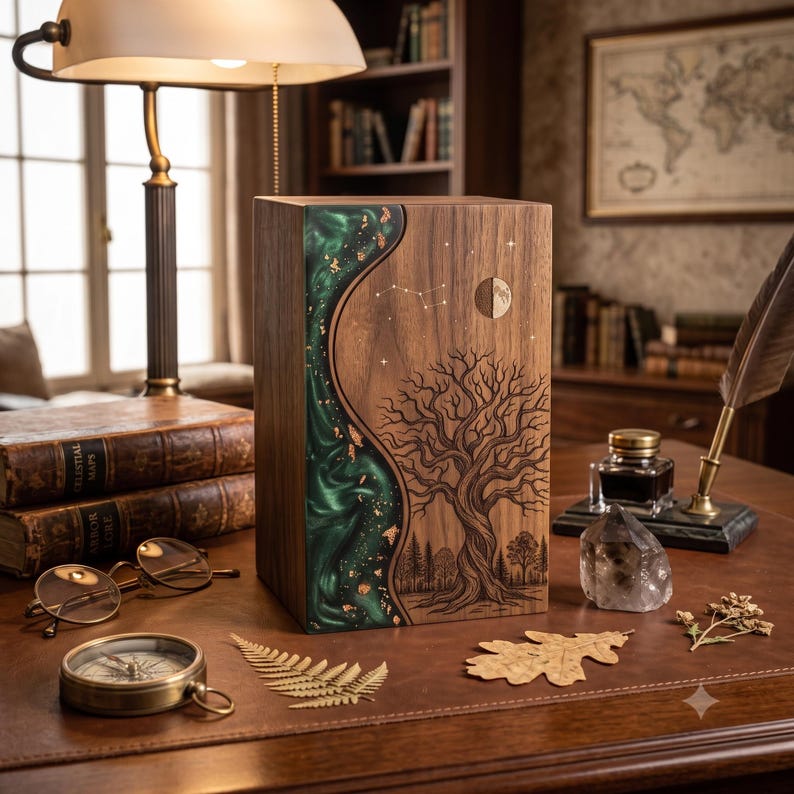 May include: A rectangular wooden box featuring a dark walnut finish on one side and a swirling, deep green resin inlay with gold leaf accents on the other. The wood surface displays a laser-engraved tree, a crescent moon, and star constellations.