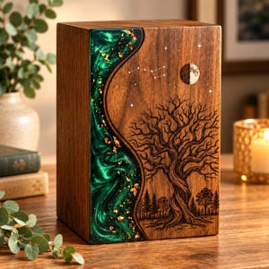 May include: A rectangular wooden urn featuring a dark walnut finish with a vertical, flowing inlay of emerald green resin embedded with gold leaf flakes. The wood surface displays a laser-engraved tree, a crescent moon, and stars.