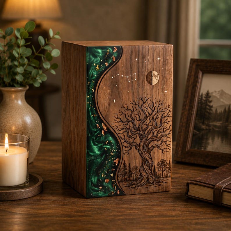 May include: A rectangular wooden cremation urn featuring a vertical, wavy inlay of emerald green resin with gold leaf flakes. The wood surface is engraved with a detailed tree, a crescent moon, and a constellation of stars in the upper section.