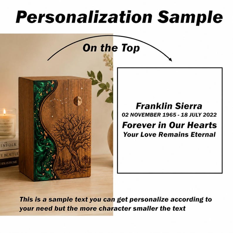 May include: A rectangular wooden cremation urn featuring a dark wood grain, a green resin inlay with gold flakes, and a laser-engraved tree and moon design. The top surface displays the text: Franklin Sierra, 02 NOVEMBER 1965 - 18 JULY 2022, Forever in Our Hearts, Your Love Remains Eternal.