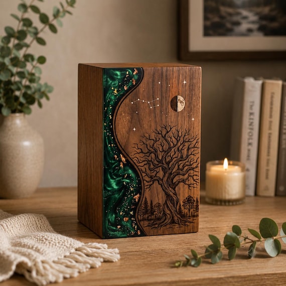 Personalized Wooden Urn Box, Tree of Life Engraved Cremation Urn, Handmade Memorial Keepsake, Custom Ashes Box, Green Resin Urn