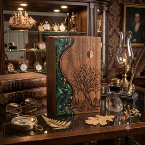 May include: A rectangular wooden box featuring a dark walnut finish and a vertical, wavy inlay of swirling emerald green resin with gold leaf accents. The front panel displays a laser-engraved detailed tree, a forest landscape, and a moon phase.