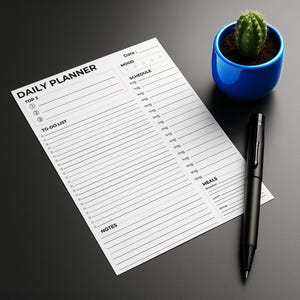 Peut inclure: Un planificateur quotidien blanc avec un stylo noir, un petit cactus dans un pot bleu et le texte "DAILY PLANNER". Le planificateur comprend des sections pour les listes de tâches, les horaires et les notes. L'image est sur une surface gris foncé.