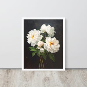 White Peonies Framed Poster – Classic Floral Illustration on Black Background – Vintage and Elegant Wall Art