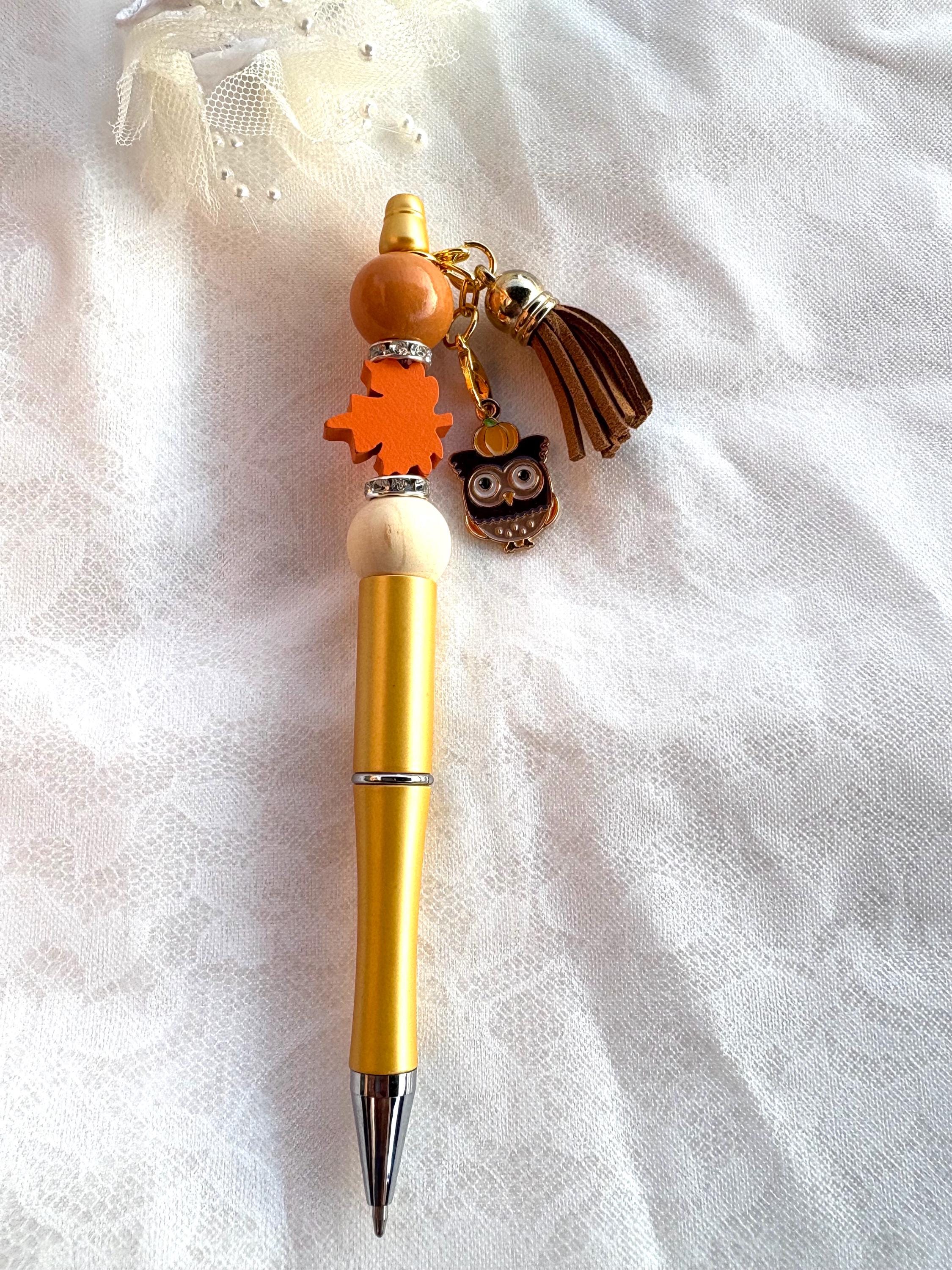 Fall Colors Leaf Wood Beaded Black Ink Pen with Tassle and Owl Charm