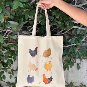 Chicken Cotton Canvas Tote Bag: Hand-Drawn Chickens, Rustic Farmhouse Style Shopping Bag