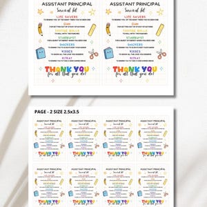 May include: Two sheets of paper with text and graphics. The top sheet is 5x7 inches and the bottom sheet is 2.5x3.5 inches. The text reads "Assistant Principal Survival Kit" with a list of items and the phrase "Thank you for all that you do!"