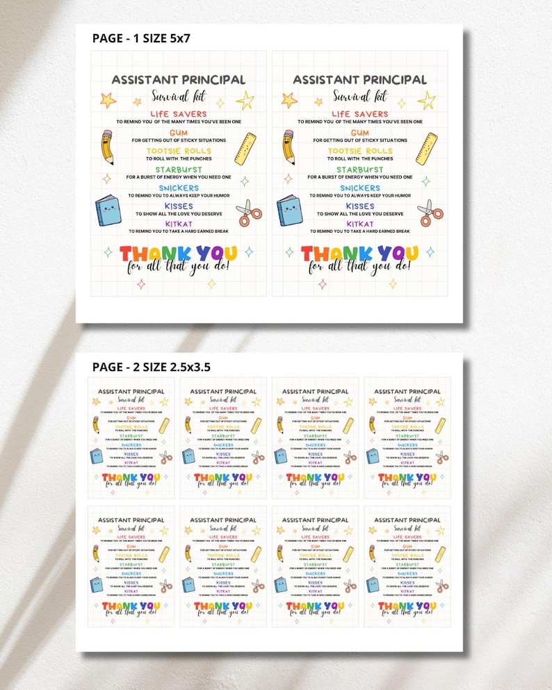 May include: Two sheets of paper with text and graphics. The top sheet is 5x7 inches and the bottom sheet is 2.5x3.5 inches. The text reads "Assistant Principal Survival Kit" with a list of items and the phrase "Thank you for all that you do!"