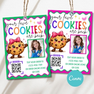 以下が含まれることがあります： 「your fave COOKIES are back」の文字が入った、2つのカラフルなクッキー販売タグ。各タグには、リボンをつけた漫画のクッキー、女の子の写真、QRコードが描かれています。タグは緑とピンクです。