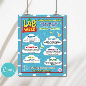 May include: A colorful poster for Syahira Medical Hospital's Lab Week, April 19-25. The poster features a blue background with white clouds and a red border. It lists daily activities, including sandwiches, donuts, coffee, and ice cream. The Canva logo is visible.