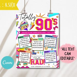 Può includere: Un poster colorato a tema anni '90, con la scritta "Totally 90's" e grafiche come un mangianastri e un controller di gioco. Promuove la Settimana di apprezzamento per insegnanti e personale con attività giornaliere. Il poster misura 21.6 x 27.9 cm.