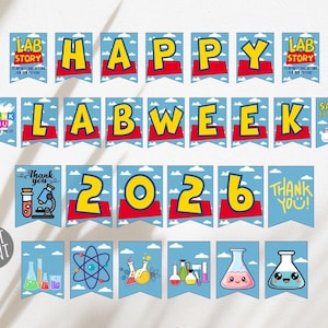 Puede incluir: Un conjunto de pancartas con temática científica, con banderines individuales con las palabras "HAPPY LABWEEK 2026" en letras amarillas sobre un fondo rojo. Los banderines adicionales incluyen gráficos relacionados con el laboratorio y las frases "LAB STORY" y "THANK YOU!"