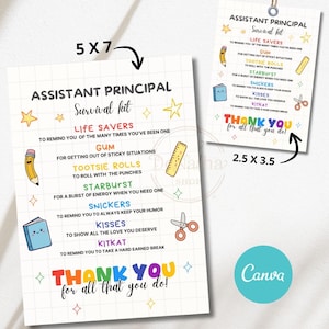 May include: Two white cards with the text "Assistant Principal Survival Kit" and a list of items like Life Savers and Snickers. The larger card is 5x7 inches, and the smaller one is 2.5x3.5 inches. The phrase "Thank you for all that you do!" is also included.