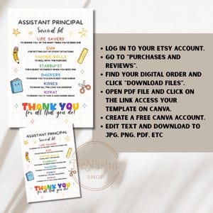 May include: Two printable "Assistant Principal Survival Kit" cards with a list of items and their meanings. The cards have a white background with colorful text and illustrations. Instructions for downloading the template are on the right.
