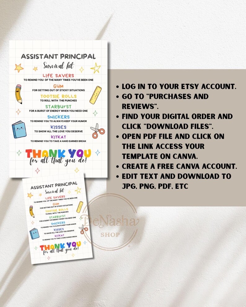 May include: Two printable "Assistant Principal Survival Kit" cards with a list of items and their meanings. The cards have a white background with colorful text and illustrations. Instructions for downloading the template are on the right.