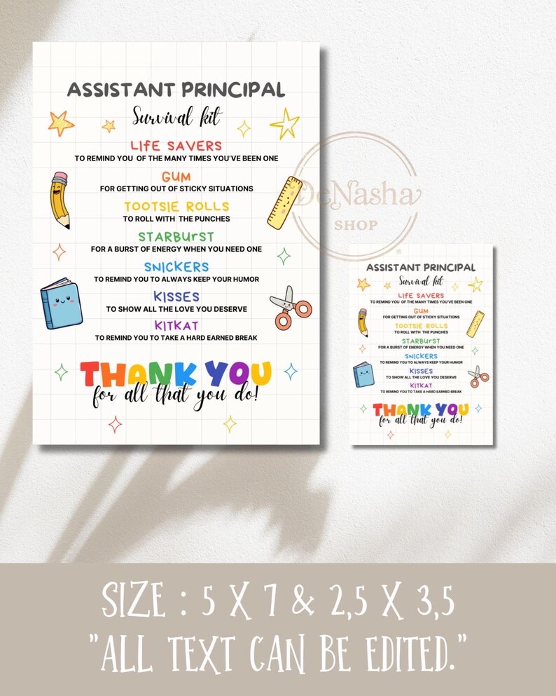 May include: Two white Assistant Principal Survival Kit prints. The larger print includes text and illustrations of school supplies and candy. The smaller print is a miniature version. The text reads "Thank You for all that you do!"