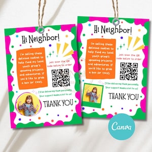 May include: Two colorful tags with the text "Hi Neighbor!" and a message about selling cookies to support a youth group. Each tag includes a QR code, a photo of a child, and the words "Thank You."