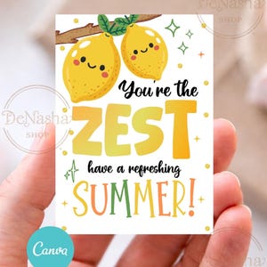 Könnte beinhalten: Eine rechteckige Karte mit einer Cartoon-Illustration von zwei gelben Zitronen mit lächelnden Gesichtern auf einem braunen Ast. Die Karte hat den Text "You're the ZEST, have a refreshing SUMMER!" in verschiedenen Farben.