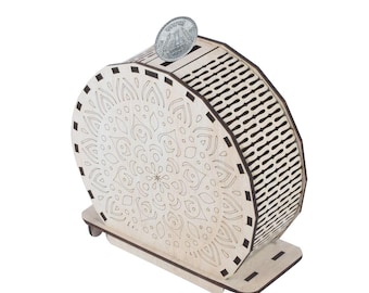 Laser-Cut Wooden Piggy Bank: Mandala Design, Eco-Friendly Coin Box