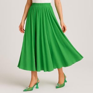 Cotton Linen Maxi Skirt  Elastic High Waist Pleated