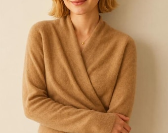 Jersey de lana – Jersey de cuello cruzado para otoño/invierno, prenda de punto suave y cálida.
