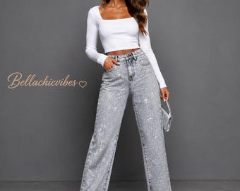 Jeans a vita alta con diamanti e gamba larga / Pantaloni larghi e scintillanti