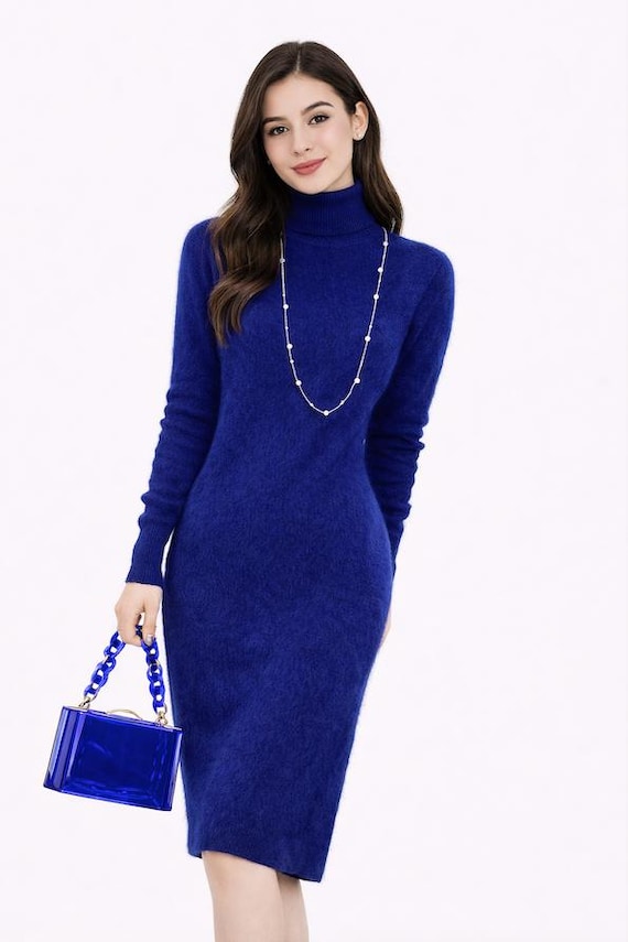 Mink Cashmere Sweater Dress | High Turn-Down Collar Long Knit Dress | Warm Pullover Mink Cashmere Sweater Dress | High Turn-Down Collar Long Knit Dress | Warm Pullover