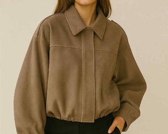 Bomber Jacket - Loose fit turn-down collar Long Sleeve Chic Coat