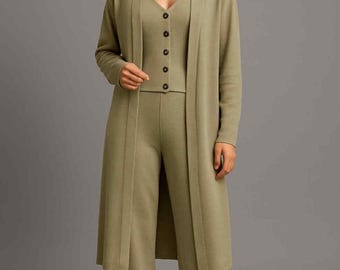 Gestricktes 3-teiliges Sweater-Outfit – Tank Top, Hose, Long-Cardigan