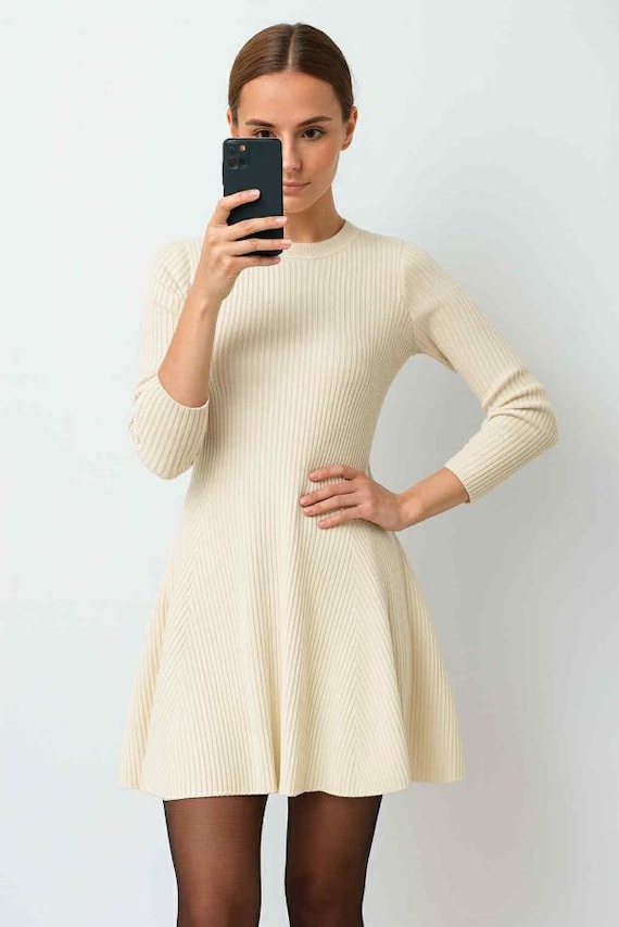 blue dress for baby girl Fine Line Long Sleeve Knit Mini Dress White main image 1