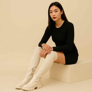 Puede incluir: Una mujer con un vestido negro de manga larga y botas altas color crema. Las botas tienen suela gruesa y cremallera. La mujer está sentada en un cubo blanco sobre un fondo neutro.