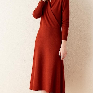 Wool Sweater Dress | Cross V-Neck Long Knit Dress | A-Line Pullover Knitwear | Elegant Winter