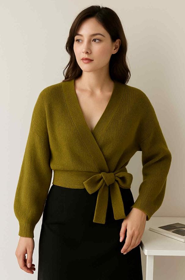 Bow Tie V-Neck Knit Cardigan Women's Cropped High Waist Sweater Coat