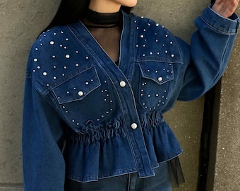 Chaqueta vaquera con cuentas para mujer: patchwork, cuello en V, botones, manga larga, cintura ceñida
