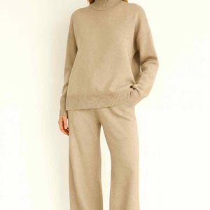 Women’s Knitted Two Piece Set | Turtleneck Sweater & Straight Pants Tracksuit | Autumn Winter Knitwear Lounge Outfit