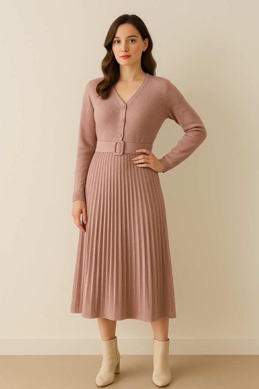 Knitted Pleated V-neck Midi Dress With Belt | Elegant A-line Autumn Sweater  Dress - Etsy