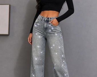 Diamond Shiny Jeans Wide Leg Denim Pants Trousers Plus Size