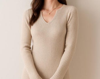 Wollen gebreide jurk| Elegante halflange sweaterjurk met wijd uitlopende mouwen