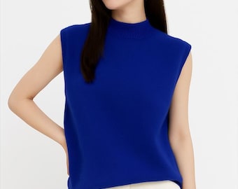 Wool Sleeveless Sweater | Semi High Neck Knit Top | Solid Color Soft Pullover
