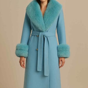 Winter Wool Cashmere Coat for Women – Long Elegant Double Breasted Fur Collar Jacket with Belt, Warm Luxury Overcoat