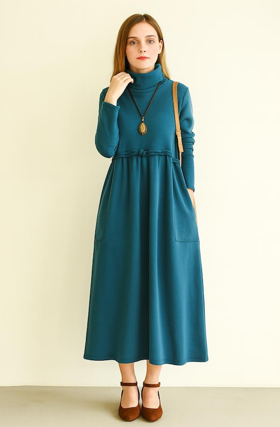 knee length autumn dresses Women's Retro Dress – Winter Thickened Turtleneck Midi Dress, Loose Fit Brand_Coaster