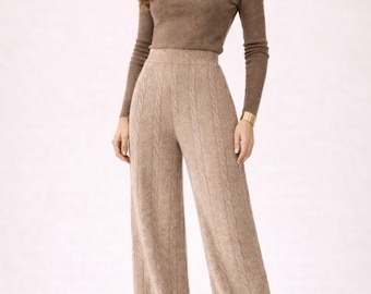 Knitted Wool Wide Leg Pants | High Waist Trousers