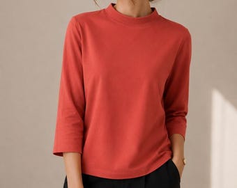 レディース 100%コットンTシャツ、モックネック ルーズフィットトップス、半袖カジュアルサマーTシャツ