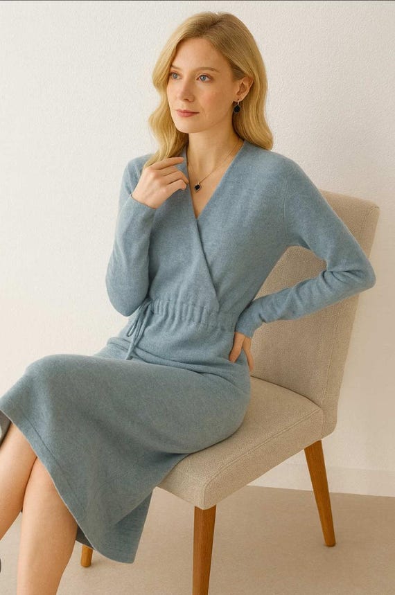 Wool Lace-Up Sweater Dress for Women, V-Neck Long Autumn Winter Warm Elegant Slim Dress